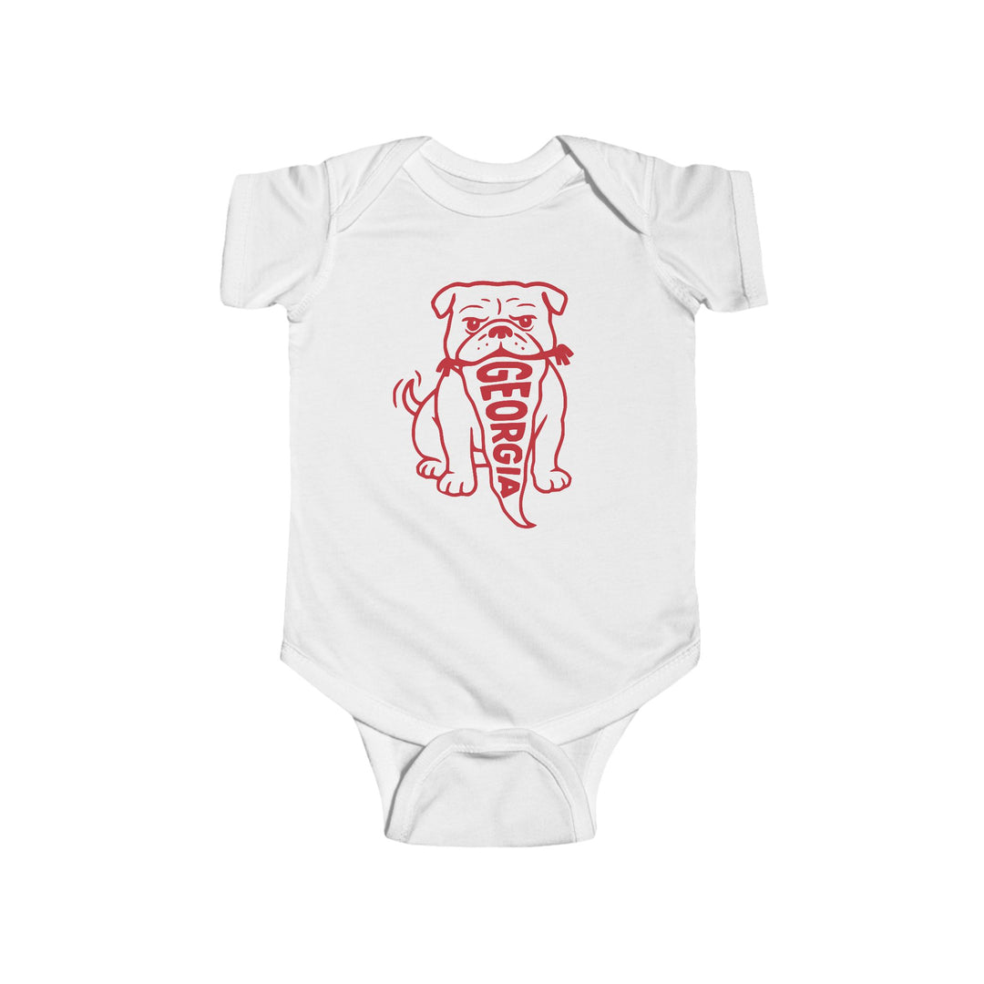 Front view of Georgia Bulldog baby  onesie in white
