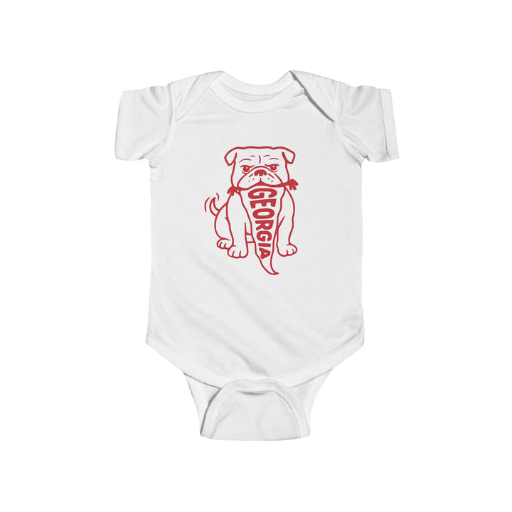 Front view of Georgia Bulldog baby  onesie in white