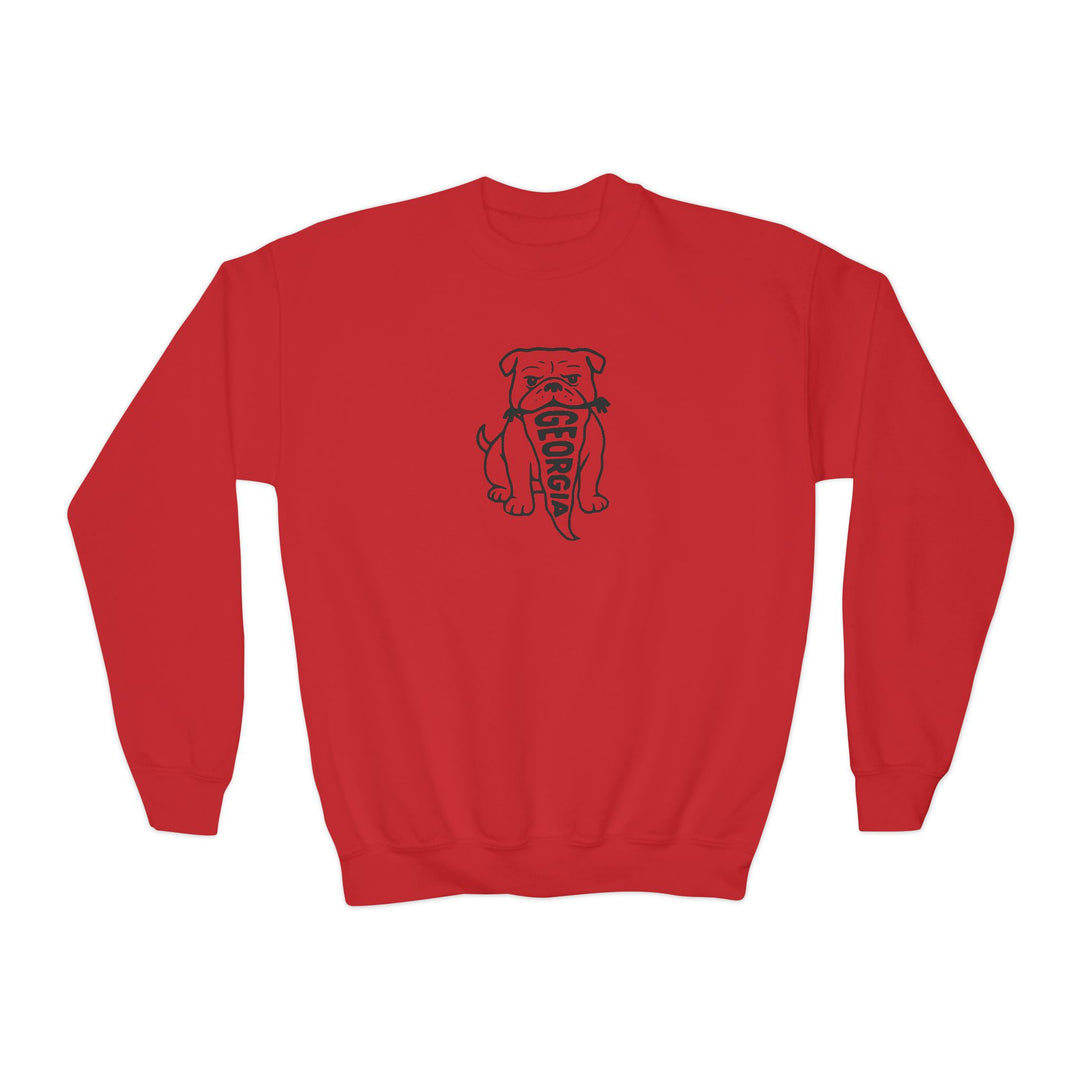 Kids Georgia bulldog game day sweatshirt in red featuring vintage bulldog pennant graphic for football tailgates and family game day outfits.