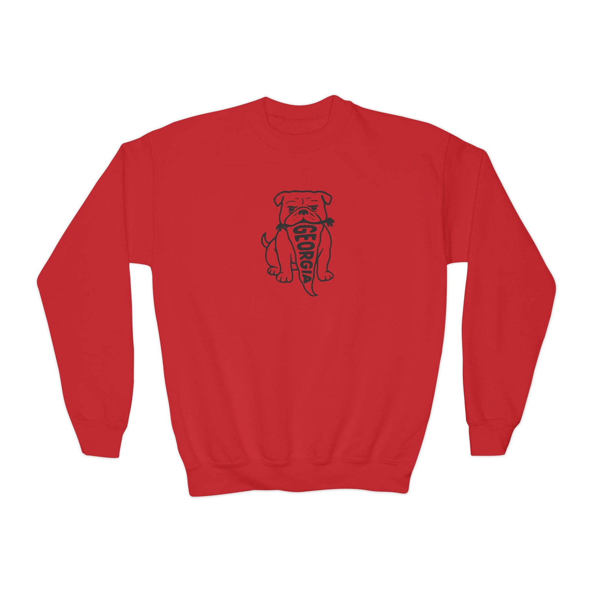 Kids Georgia bulldog game day sweatshirt in red featuring vintage bulldog pennant graphic for football tailgates and family game day outfits.