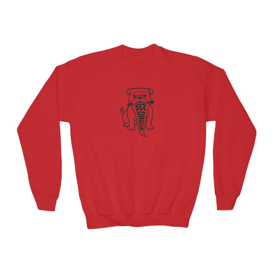 Kids Georgia bulldog game day sweatshirt in red featuring vintage bulldog pennant graphic for football tailgates and family game day outfits.
