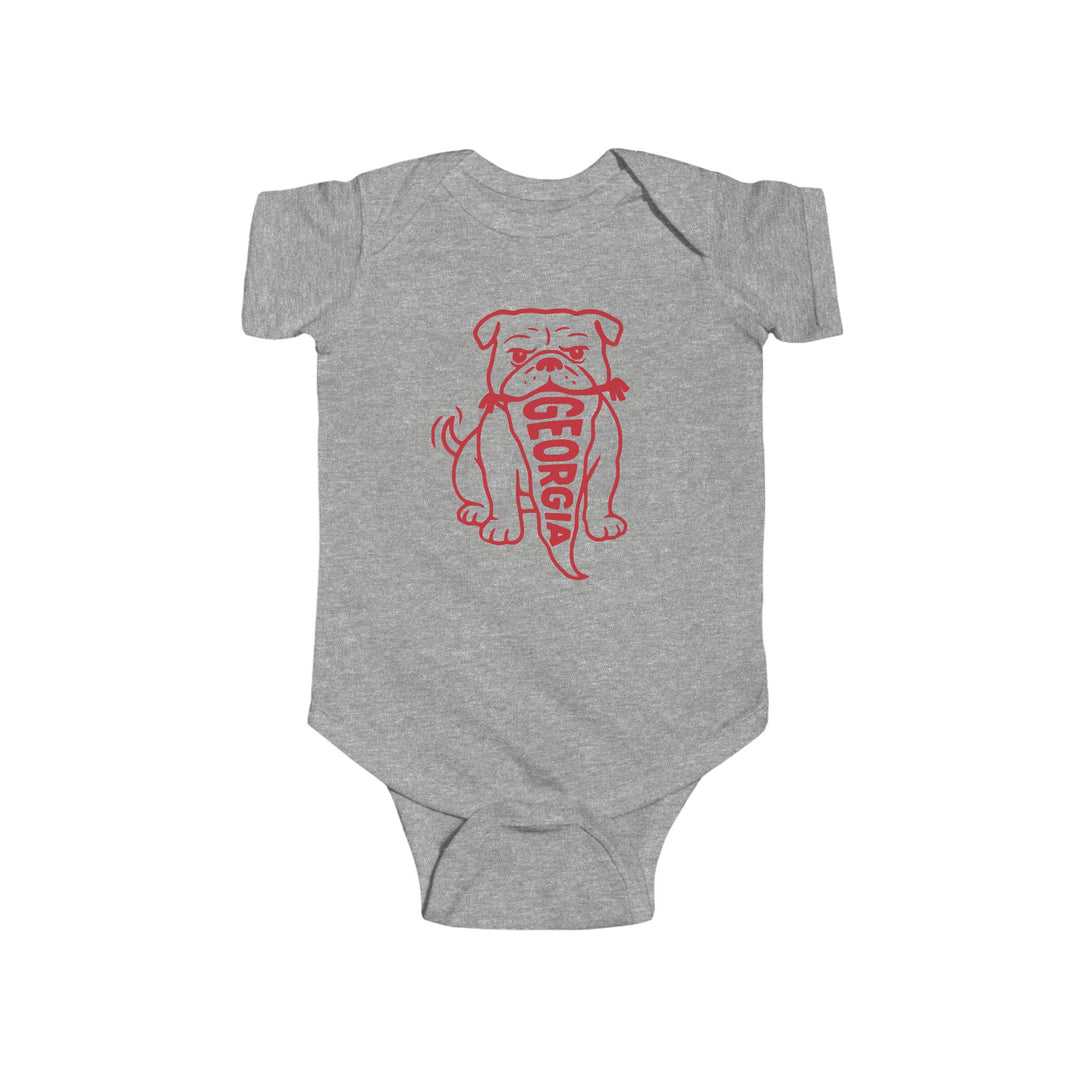 Front view of Georgia Bulldog baby  onesie in grey