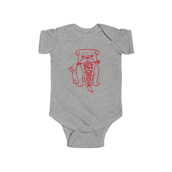 Front view of Georgia Bulldog baby  onesie in grey