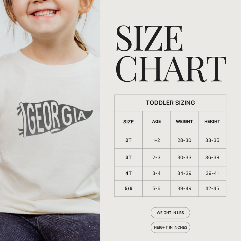 Toddler tshirt size chart for georgia game day outfit