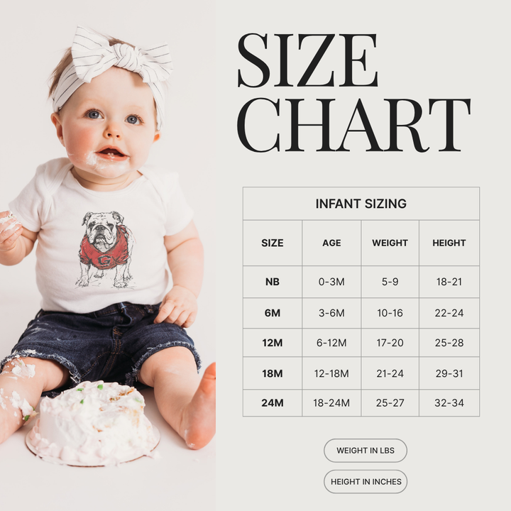 Baby Onesie size chart for georgia game day outfit