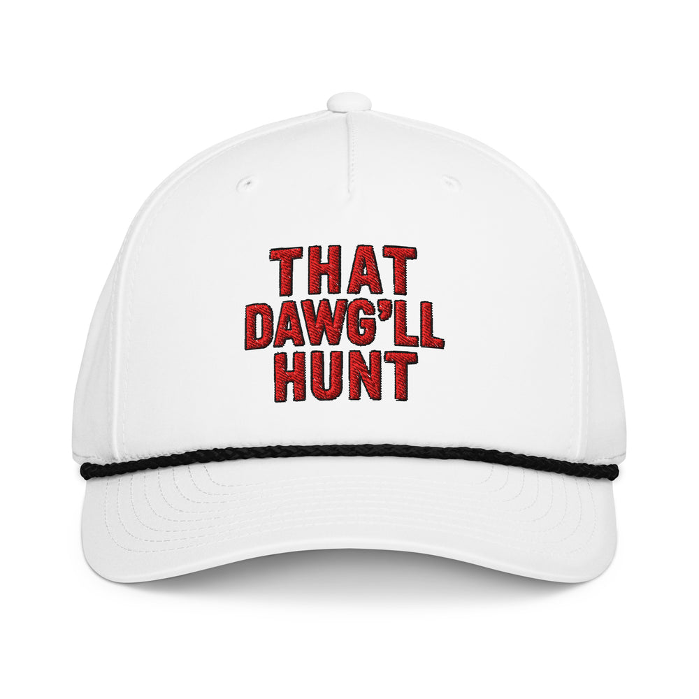 White Georgia Bulldogs rope hat with embroidered “That Dawg’ll Hunt” slogan in red and white lettering