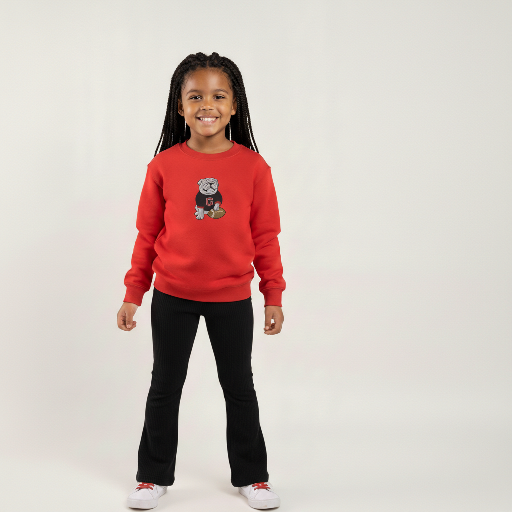 Toddler Georgia bulldog football sweatshirt in red with embroidered bulldog mascot holding football, perfect for kids game day outfits and tailgates.
