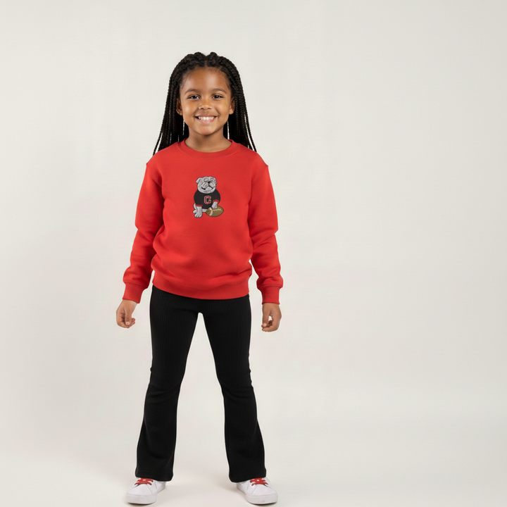 Toddler Georgia bulldog football sweatshirt in red with embroidered bulldog mascot holding football, perfect for kids game day outfits and tailgates.
