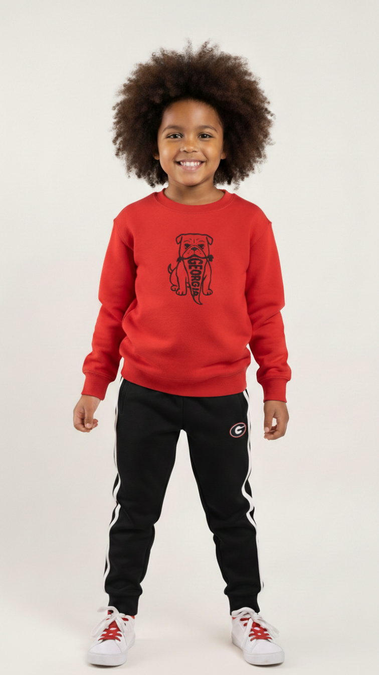 Child wearing a red  Georgia bulldog game day sweatshirt in featuring vintage bulldog pennant graphic for football tailgates and family game day outfits.
