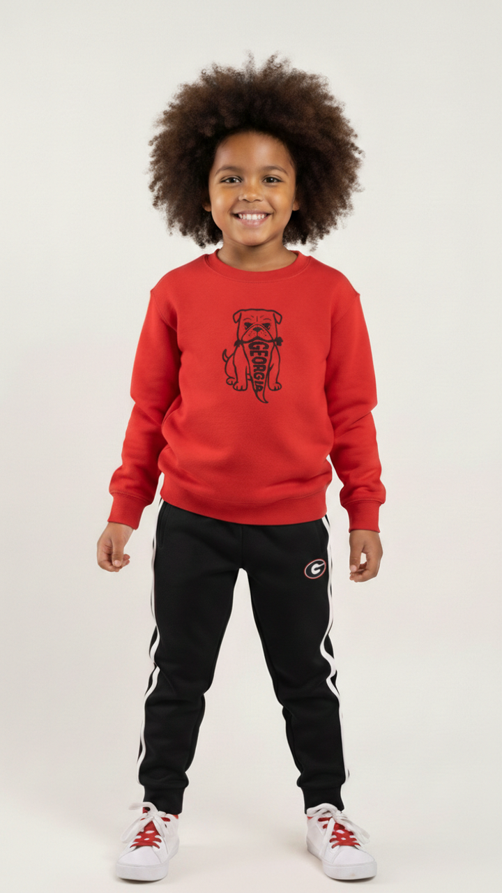 Child wearing a red  Georgia bulldog game day sweatshirt in featuring vintage bulldog pennant graphic for football tailgates and family game day outfits.
