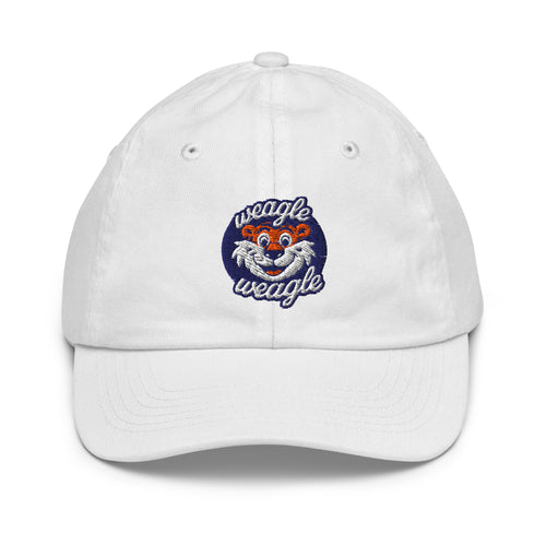 White kids and toddler Auburn War Eagle baseball hat with embroidered tiger logo, adjustable fit for young fans and game day outfits.