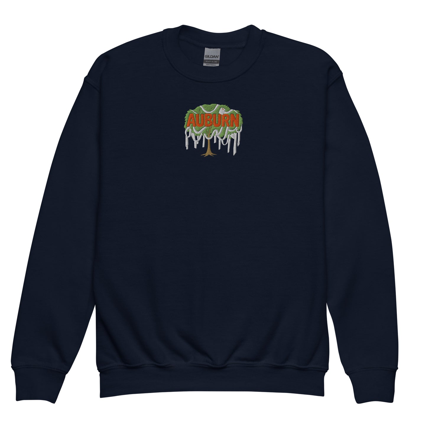 Kids navy Auburn sweatshirt featuring Toomer’s Corner graphic, long sleeve crewneck football game day apparel for children